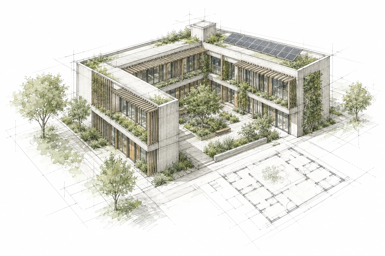Conceptual architectural sketch connecting site planning, facade shading, rooftop solar and a landscaped courtyard