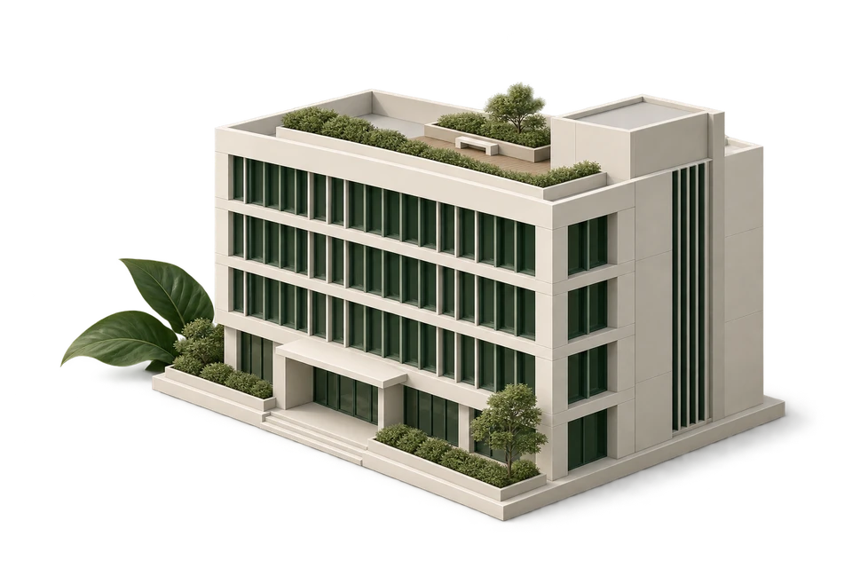 Ivory green-building model with planted terraces and deep green windows