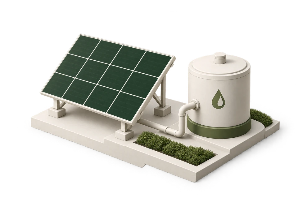 Coordinated solar and water-system illustration in ivory and forest green