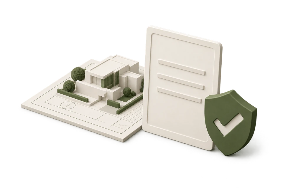 Architectural approval illustration with a site model, permit and green shield