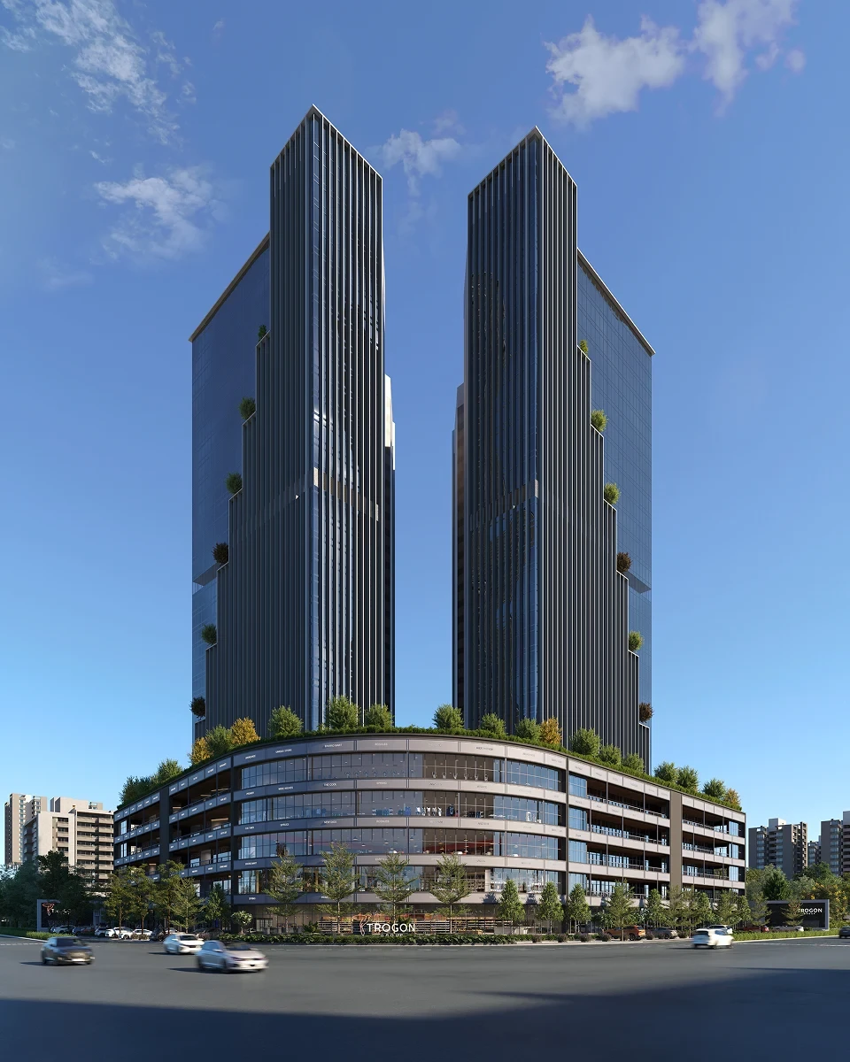 Trogon Twin Tower commercial project, showing the two towers and shared retail podium